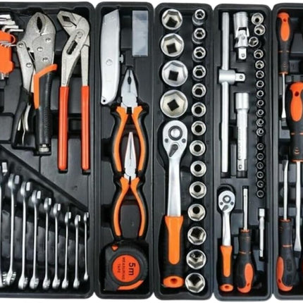 Cassetta Attrezzi Professionale Completa con 4 Scomparti – Set Chiavi, Cricchetto, Bussole e Cacciaviti, Valigetta Porta Attrezzi in Acciaio con Chiusura di Sicurezza