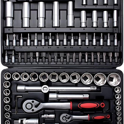 Set Chiavi a Bussola 108 PEZZI Professionale con Cricchetto – Valigetta Completa con Bussole, Inserti e Prolunghe – Acciaio Cromato Vanadio
