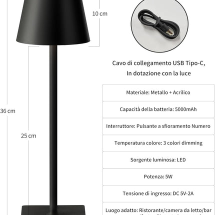 Lampada da Tavolo LED Ricaricabile Senza Fili – Dimmerabile Touch, 2400mAh, 3 Tonalità (2700K-6000K), Design Moderno per Interno ed Esterno, Camera da Letto, Soggiorno, Giardino, IP54