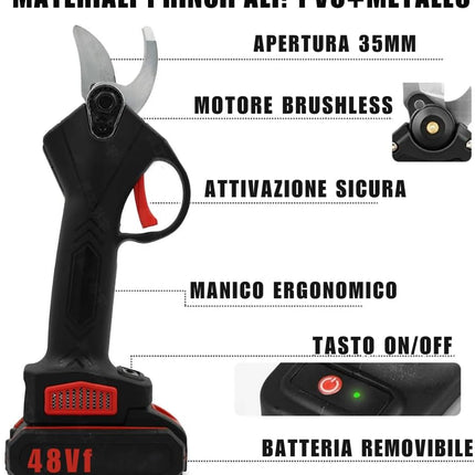 Forbici Elettriche da Potatura 48VF con 2 Batterie Ricaricabili, Cesoie a Batteria Senza Fili con Lama Affilata, Kit con Valigetta e Caricatore per Giardinaggio