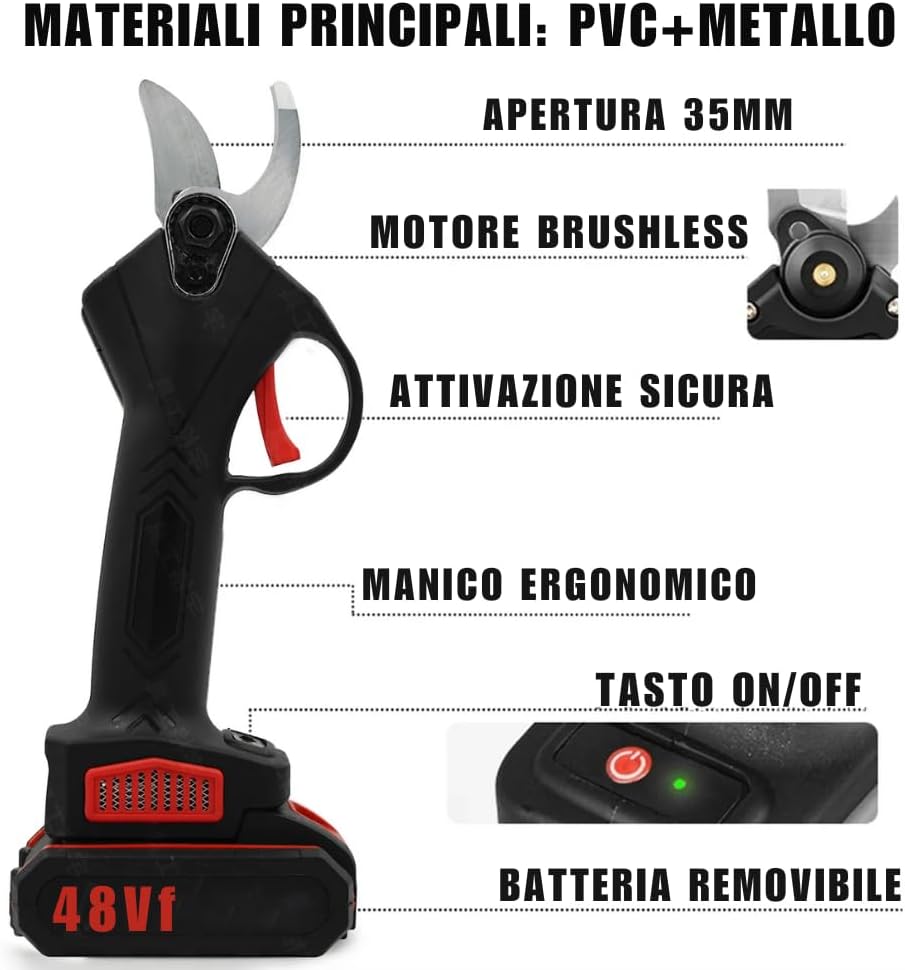 Forbici Elettriche da Potatura 48VF con 2 Batterie Ricaricabili, Cesoie a Batteria Senza Fili con Lama Affilata, Kit con Valigetta e Caricatore per Giardinaggio