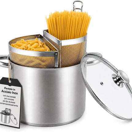 Spaghettiere Doppio Cestello, Made in Italy, Acciaio inox 18/10. Triplo fondo. Induzione+Gas. PFAS free. Cuoce 2 tipi di pasta contemporaneamente