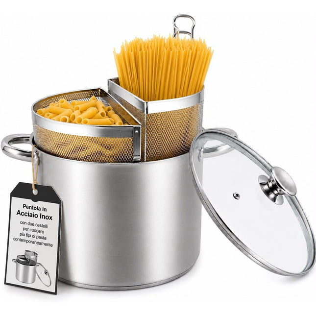 Spaghettiere Doppio Cestello, Made in Italy, Acciaio inox 18/10. Triplo fondo. Induzione+Gas. PFAS free. Cuoce 2 tipi di pasta contemporaneamente