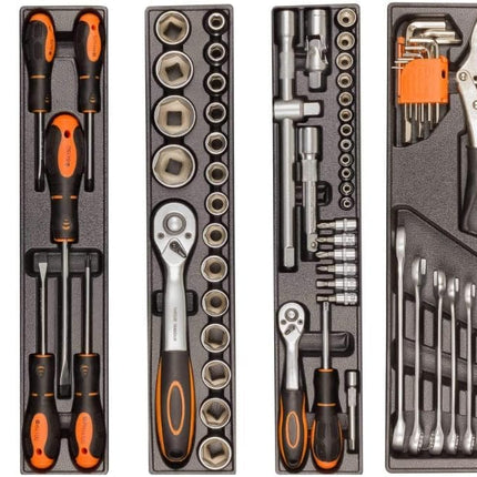 Cassetta Attrezzi Professionale Completa con 4 Scomparti – Set Chiavi, Cricchetto, Bussole e Cacciaviti, Valigetta Porta Attrezzi in Acciaio con Chiusura di Sicurezza