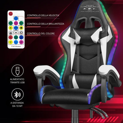 Sedia Gaming RGB con Luci LED E Sedia Ergonomica Poltrona Ufficio girevole, con rotelle, poggiatesta e cuscino lombare, Portata: 125kg con Schienale Alto in Pelle
