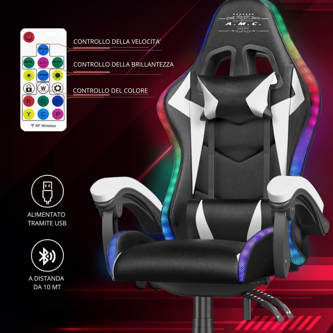 Sedia Gaming RGB con Luci LED E Sedia Ergonomica Poltrona Ufficio girevole, con rotelle, poggiatesta e cuscino lombare, Portata: 125kg con Schienale Alto in Pelle
