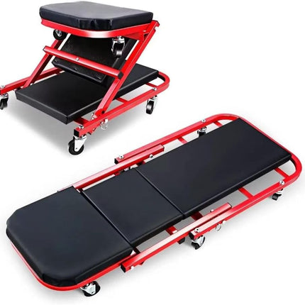 Carrello Meccanico 2 in 1 Pieghevole con Ruote – Lettino Sottoscocca e Sedile Officina, Struttura in Acciaio, Altezza Regolabile, Portata Elevata, Ideale per Auto, Garage e Riparazioni