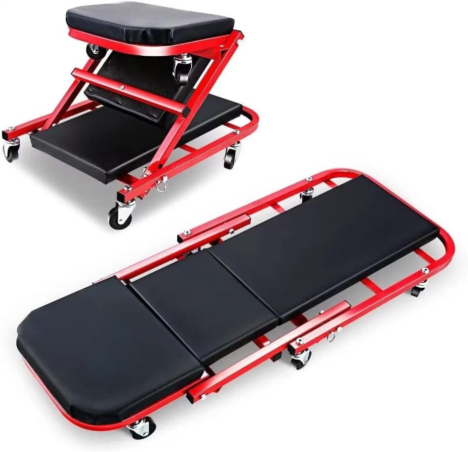 Carrello Meccanico 2 in 1 Pieghevole con Ruote – Lettino Sottoscocca e Sedile Officina, Struttura in Acciaio, Altezza Regolabile, Portata Elevata, Ideale per Auto, Garage e Riparazioni