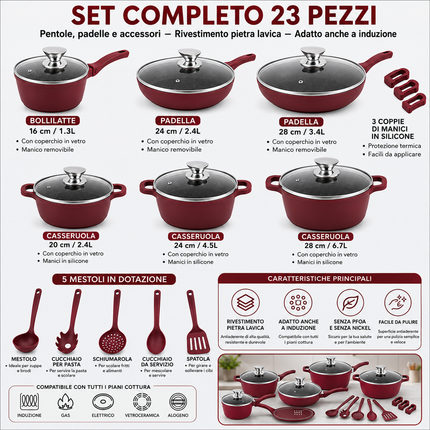 Set di Pentole 23 Pezzi Antiaderente con Coperchi in Vetro – Batteria di Pentole e Padelle con Manici Removibili, Mestoli e Accessori in Silicone – Adatte a Tutti i Piani di Cottura, Induzione Inclusa