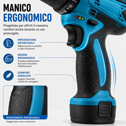 Avvitatore Trapano a Batteria 12V Ricaricabile con 2 Batterie, Mandrino Autoserrante 10 mm, Set Accessori e Valigetta – Ideale per Fai da Te e Casa