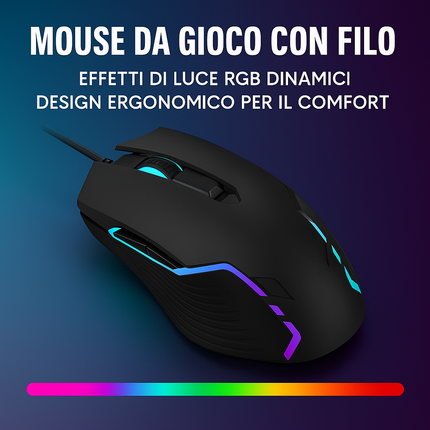 Tastiera Gaming RGB + Mouse LED – Kit Cablato USB, 104 Tasti QWERTY Italiano, Retroilluminazione Multicolore Dinamica, Mouse Ergonomico per PC Windows