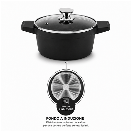 Set Casseruole 11 Pezzi in Alluminio Pressofuso con Rivestimento Effetto Pietra Lavica Antiaderente – 3 Pentole con Coperchi in Vetro (20/24/28 cm) + 5 Utensili da Cucina – Adatte a Induzione