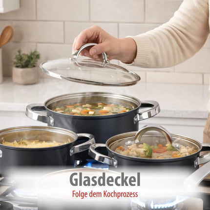 Set Pentole 7 Pezzi in Acciaio con Coperchi in Vetro – Batterie da Cucina per Induzione, Gas e Piano Elettrico, Antiaderenti, Lavabili in Lavastoviglie, Pentole e Casseruole con Manici Ergonomici