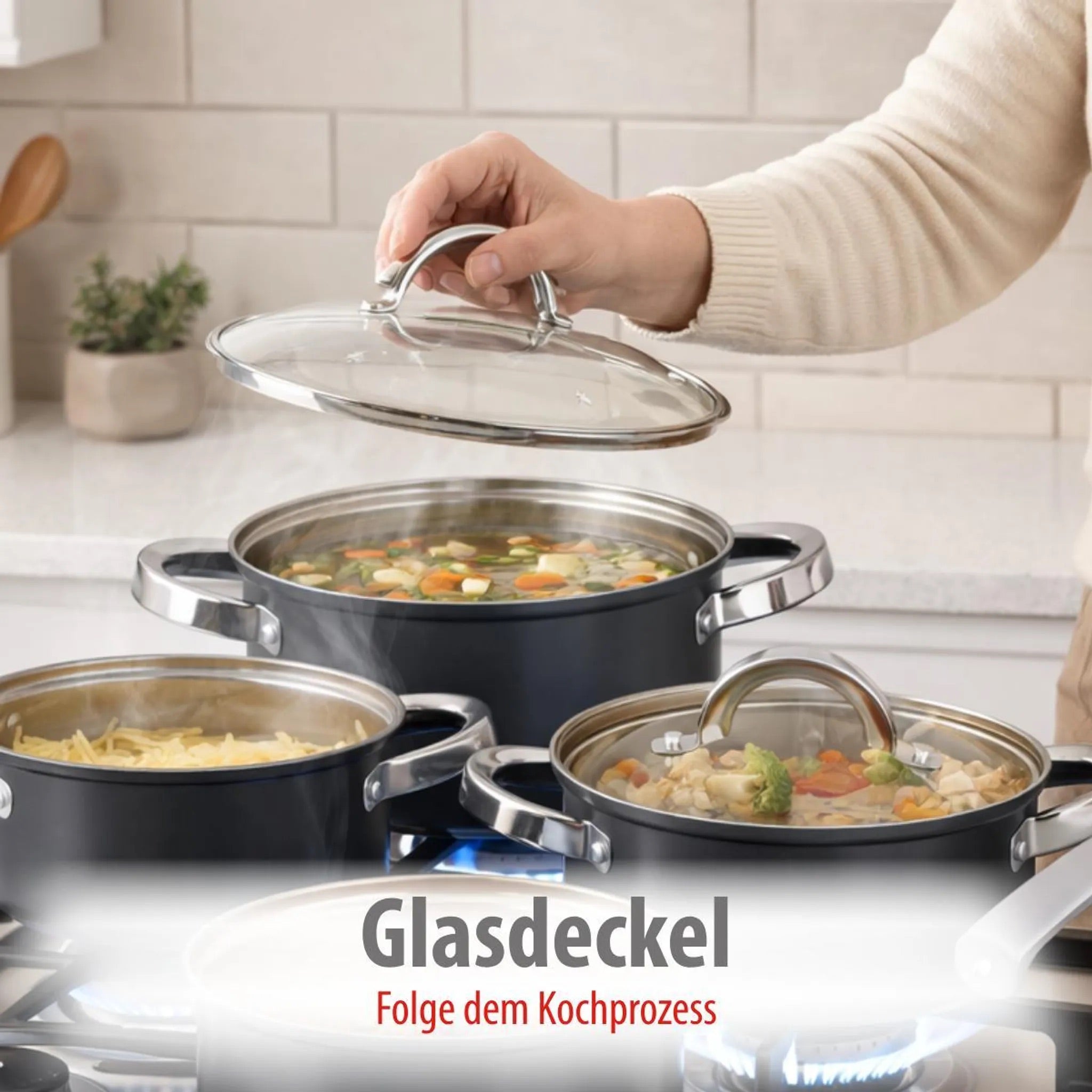 Set Pentole 7 Pezzi in Acciaio con Coperchi in Vetro – Batterie da Cucina per Induzione, Gas e Piano Elettrico, Antiaderenti, Lavabili in Lavastoviglie, Pentole e Casseruole con Manici Ergonomici