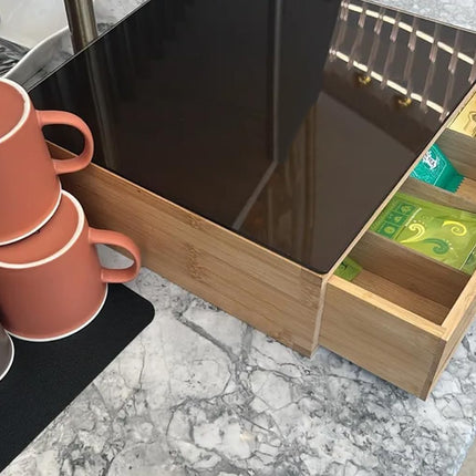 Portacapsule E Portacialde Bambù Con Cassetto Scomparti Caffè Organizzatore Capsule Cialde Tisane Tè Bustine Di Zucchero Bicchierini 30x30x10Cm Bianco
