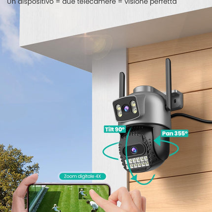 Telecamera di Sicurezza PTZ 4K 9MP Wi-Fi con Doppia Lente Zoom 8X e Visione Notturna a Colori per Esterni Impermeabile IP66
