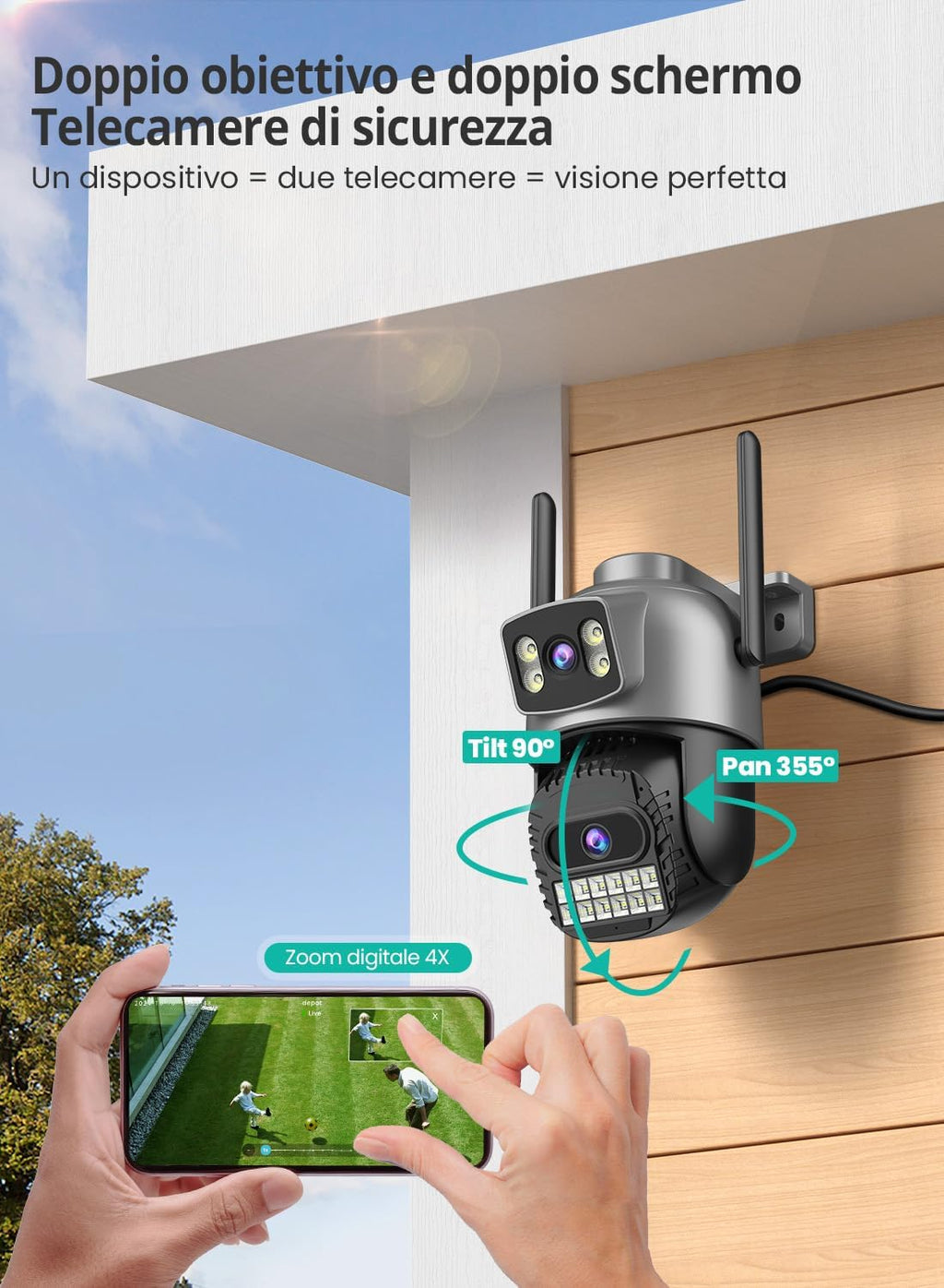 Telecamera di Sicurezza PTZ 4K 9MP Wi-Fi con Doppia Lente Zoom 8X e Visione Notturna a Colori per Esterni Impermeabile IP66