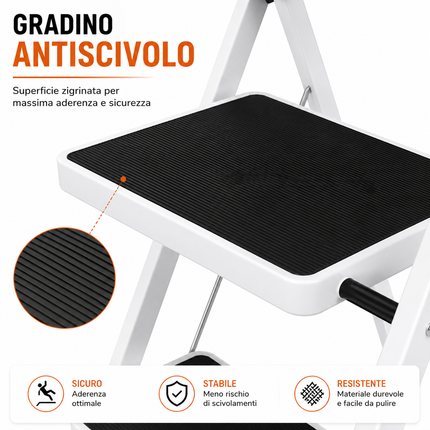 Scala Scaletta Pieghevole Quadrata Salvaspazio con Gradini Antiscivolo e Maniglione di Sicurezza Sgabello Struttura in Acciaio e Rivestimento in Gomma Portata massima 150kg