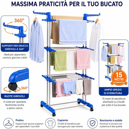 Stendini Estensibile a 4 Livelli in Metallo, Stendibiancheria Salvaspazio per uso Interno/Esterno,73 x 64x 170 cm