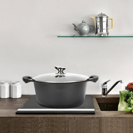 Pentola Tegame Royalty Line in Alluminio con Rivestimento Antiaderente Teflon, Coperchio in Vetro e Acciaio Inox – Adatta a Induzione, Gas, Elettrico, Ceramica e Alogeno