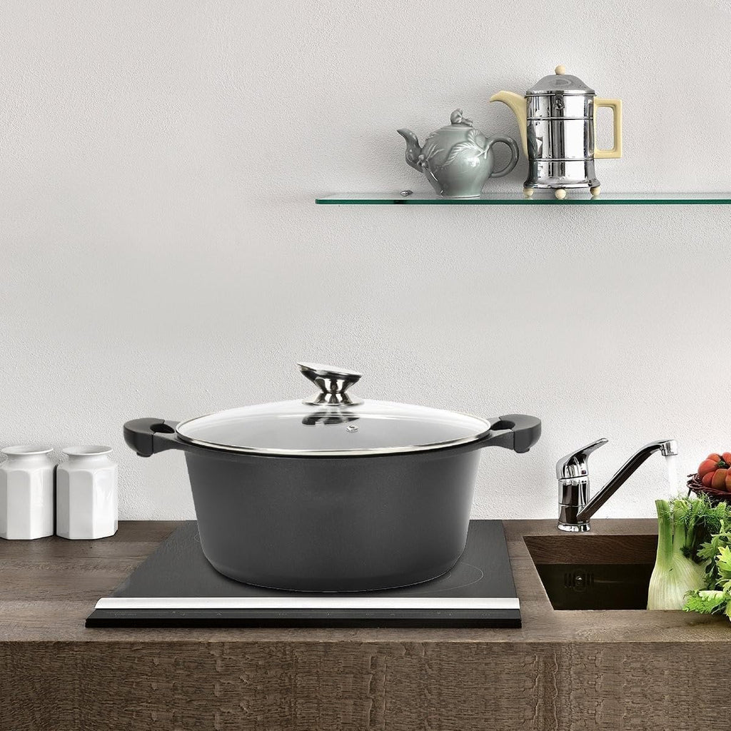 Pentola Tegame Royalty Line in Alluminio con Rivestimento Antiaderente Teflon, Coperchio in Vetro e Acciaio Inox – Adatta a Induzione, Gas, Elettrico, Ceramica e Alogeno