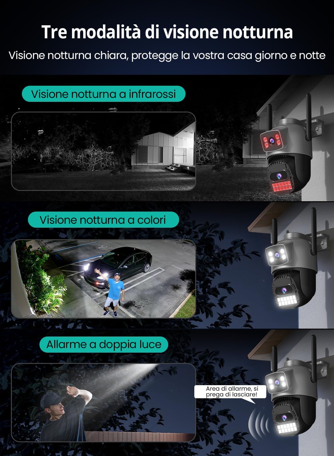 Telecamera di Sicurezza PTZ 4K 9MP Wi-Fi con Doppia Lente Zoom 8X e Visione Notturna a Colori per Esterni Impermeabile IP66