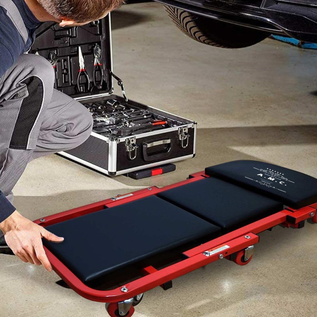 Carrello Meccanico 2 in 1 Pieghevole con Ruote – Lettino Sottoscocca e Sedile Officina, Struttura in Acciaio, Altezza Regolabile, Portata Elevata, Ideale per Auto, Garage e Riparazioni