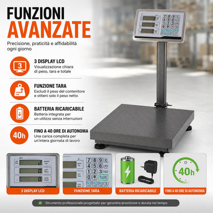 Bilancia Digitale Elettronica Professionale 300 Kg Con Display bilancia industriale ricaricabile per utilizzarla in Negozio, Casa, Azienda o Attività ambulante
