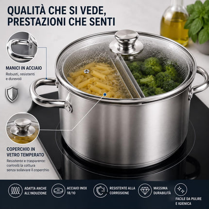 Spaghettiere Doppio Cestello, Made in Italy, Acciaio inox 18/10. Triplo fondo. Induzione+Gas. PFAS free. Cuoce 2 tipi di pasta contemporaneamente