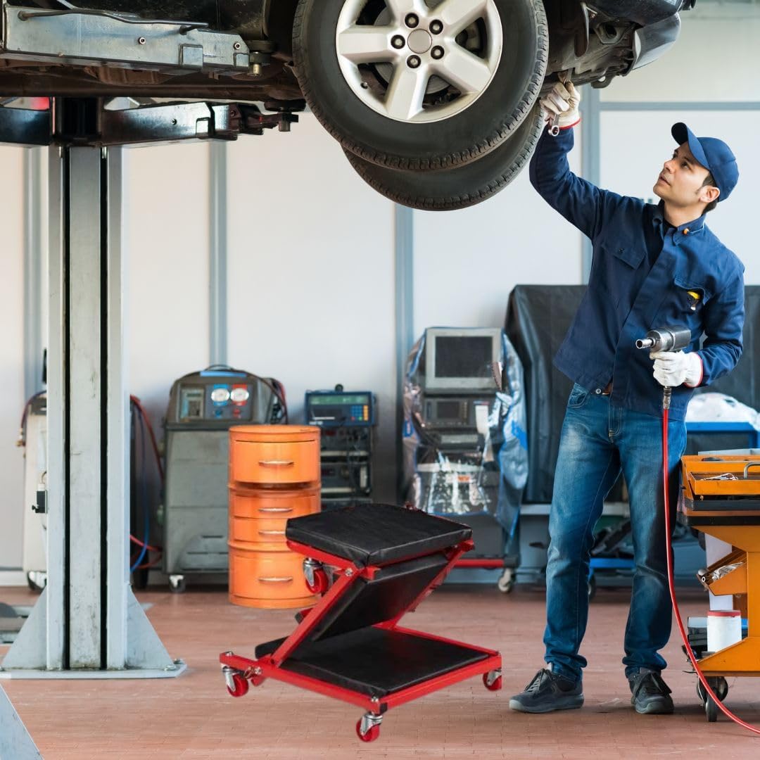 Carrello Meccanico 2 in 1 Pieghevole con Ruote – Lettino Sottoscocca e Sedile Officina, Struttura in Acciaio, Altezza Regolabile, Portata Elevata, Ideale per Auto, Garage e Riparazioni
