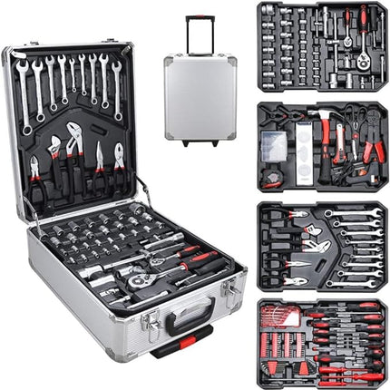 Trolley Set Attrezzi Utensili da Lavoro Professionali 399 pezzi Custodia Trolley Valigia 4 livelli Portattrezzi Cassetta Portautensili in Alluminio con Ruote e Manico Telescopico