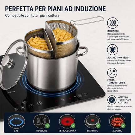 Spaghettiere Doppio Cestello, Made in Italy, Acciaio inox 18/10. Triplo fondo. Induzione+Gas. PFAS free. Cuoce 2 tipi di pasta contemporaneamente