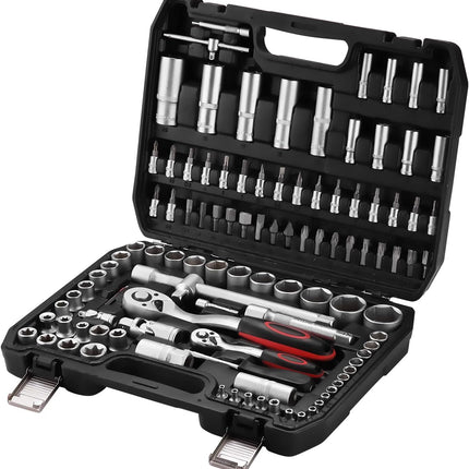 Set Chiavi a Bussola 108 PEZZI Professionale con Cricchetto – Valigetta Completa con Bussole, Inserti e Prolunghe – Acciaio Cromato Vanadio