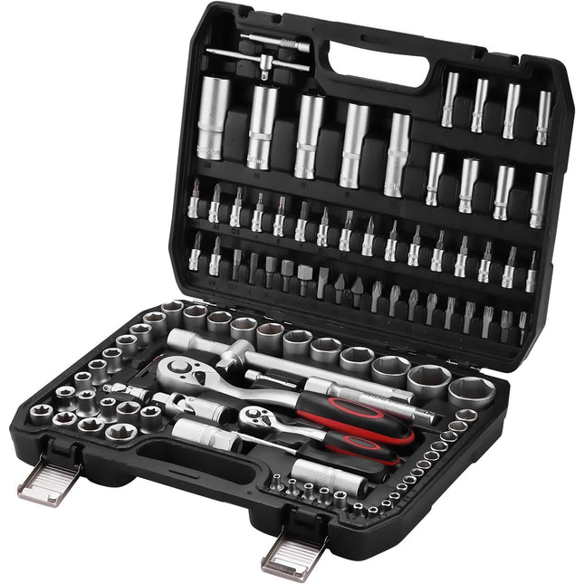 Set Chiavi a Bussola 108 PEZZI Professionale con Cricchetto – Valigetta Completa con Bussole, Inserti e Prolunghe – Acciaio Cromato Vanadio