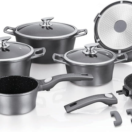 Set Pentole 17 Pezzi Antiaderenti con Coperchi in Vetro e Padelle – Batteria Cucina Induzione, Rivestimento Effetto Pietra, Manici Rimovibili, Adatta a Tutti i Piani Cottura