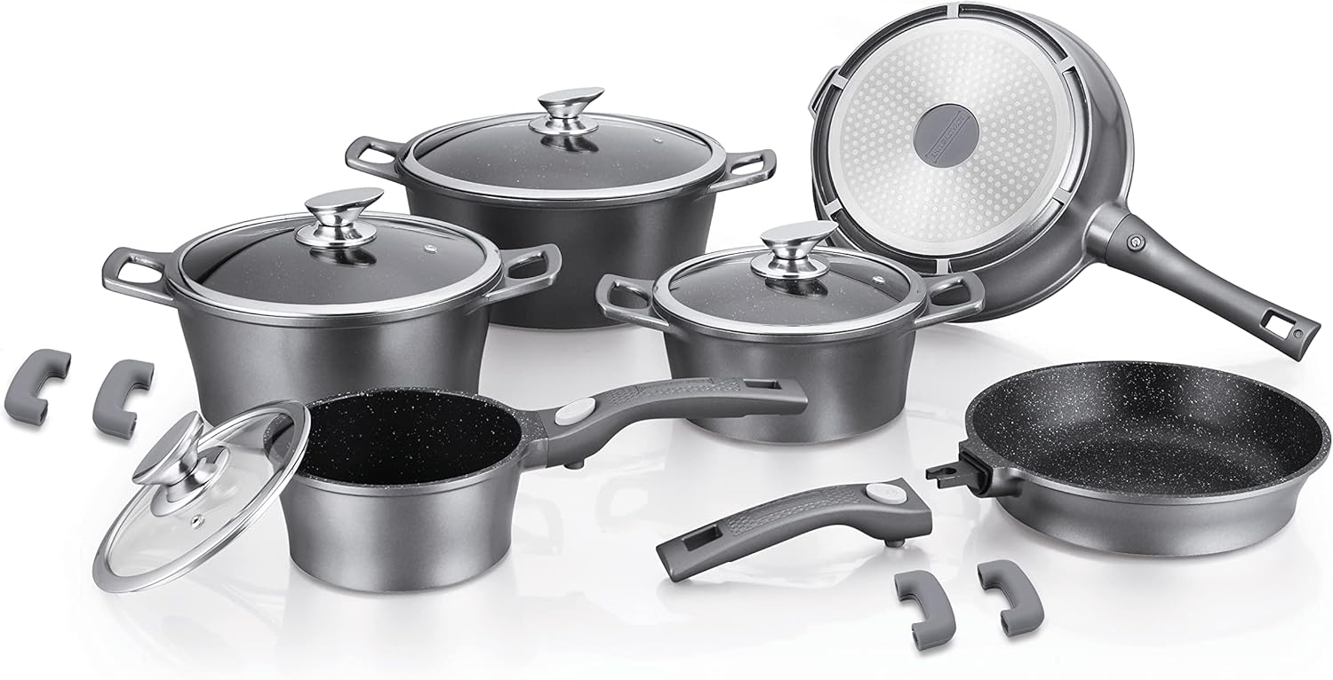 Set Pentole 17 Pezzi Antiaderenti con Coperchi in Vetro e Padelle – Batteria Cucina Induzione, Rivestimento Effetto Pietra, Manici Rimovibili, Adatta a Tutti i Piani Cottura