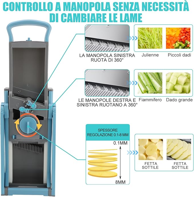 Affettaverdure Mandolina per Cucina, Affettatrice per Verdure, Cutter per Patate, Affettaverdure con Contenitore, Spessore Regolabile Julienne + Dicer, Utensili e Gadget da Cucina, COLORE A CASO