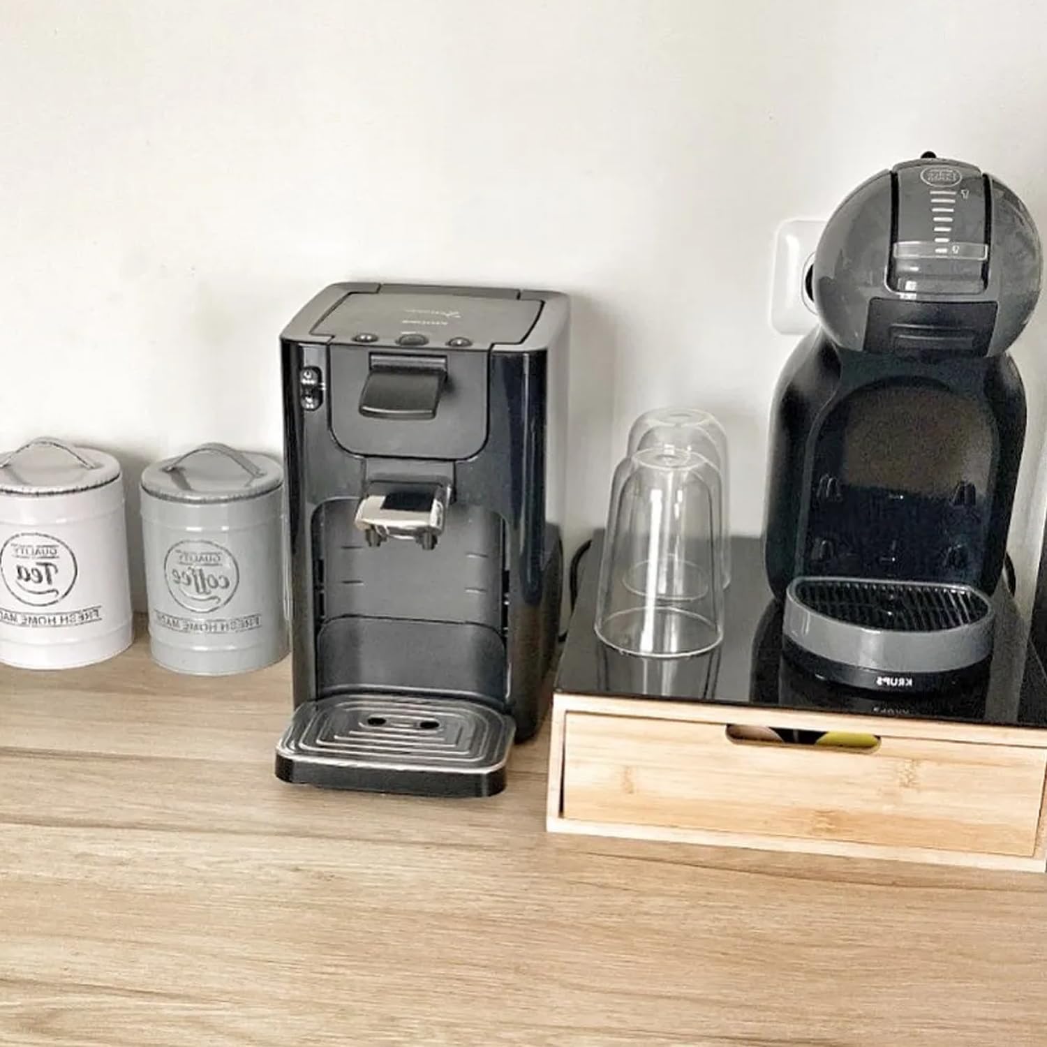 Portacapsule E Portacialde Bambù Con Cassetto Scomparti Caffè Organizzatore Capsule Cialde Tisane Tè Bustine Di Zucchero Bicchierini 30x30x10Cm