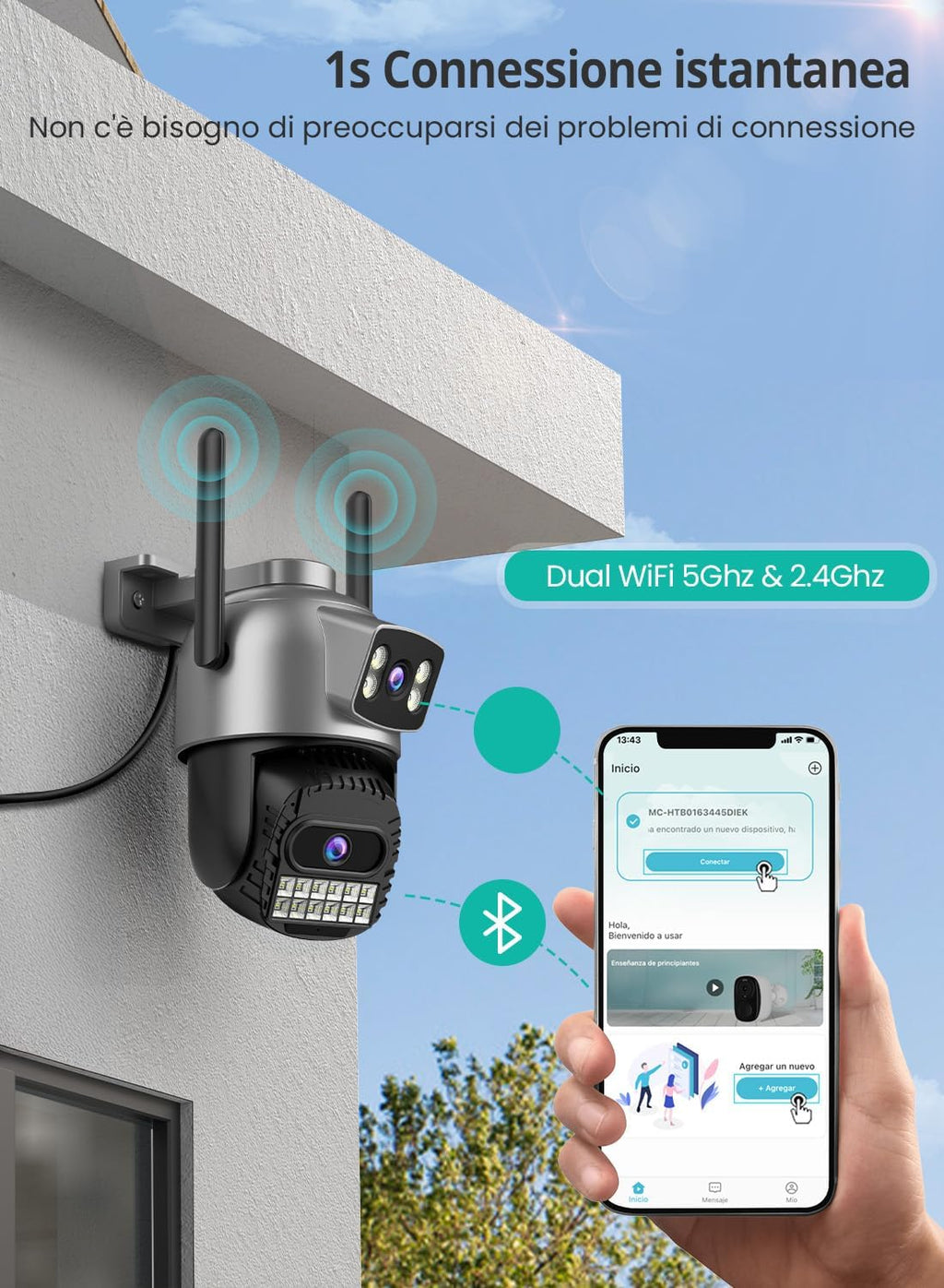 Telecamera di Sicurezza PTZ 4K 9MP Wi-Fi con Doppia Lente Zoom 8X e Visione Notturna a Colori per Esterni Impermeabile IP66