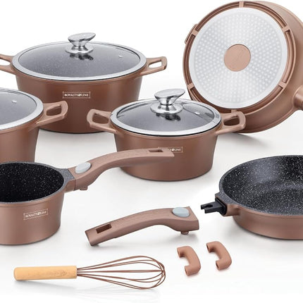Set Pentole 17 Pezzi Antiaderenti con Coperchi in Vetro e Padelle – Batteria Cucina Induzione, Rivestimento Effetto Pietra, Manici Rimovibili, Adatta a Tutti i Piani Cottura
