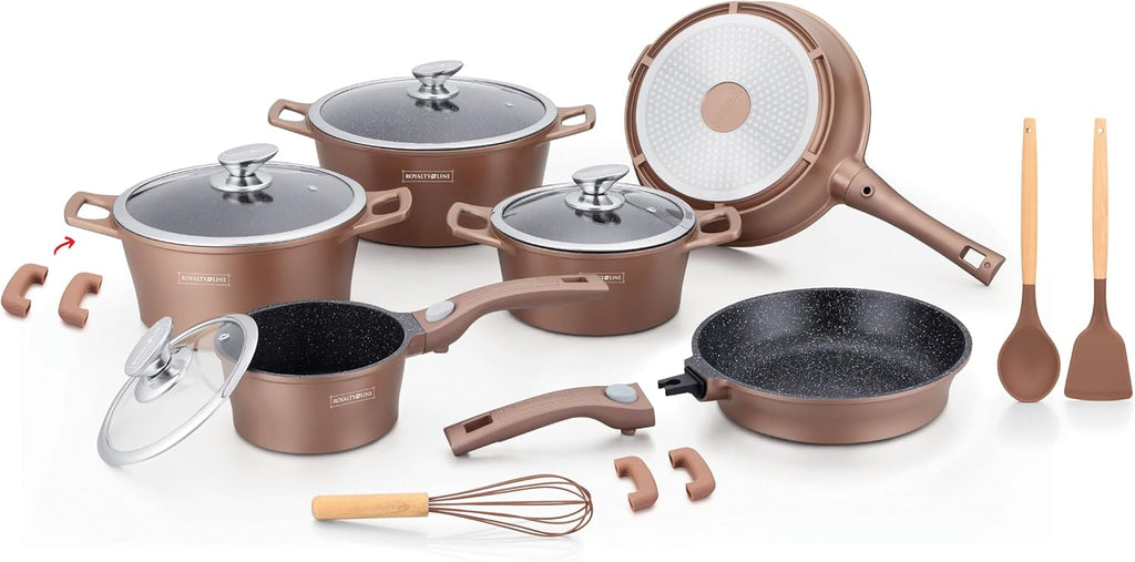 Set Pentole 17 Pezzi Antiaderenti con Coperchi in Vetro e Padelle – Batteria Cucina Induzione, Rivestimento Effetto Pietra, Manici Rimovibili, Adatta a Tutti i Piani Cottura