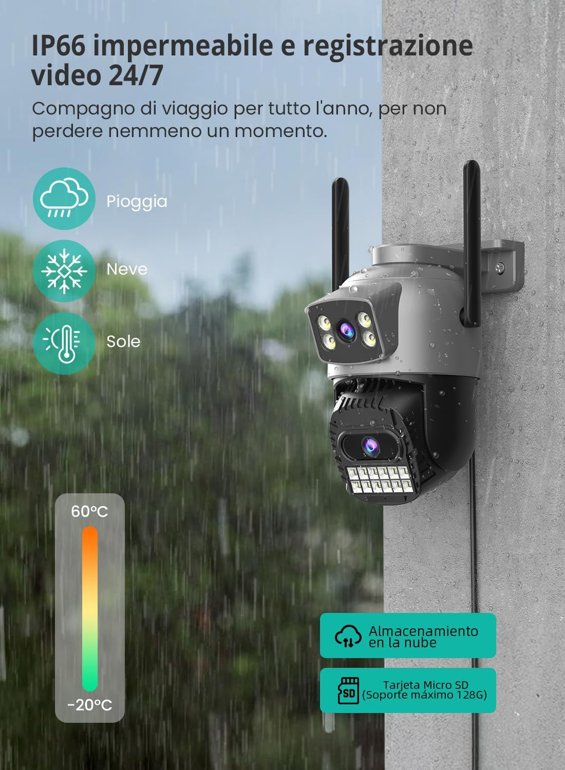 Telecamera di Sicurezza PTZ 4K 9MP Wi-Fi con Doppia Lente Zoom 8X e Visione Notturna a Colori per Esterni Impermeabile IP66