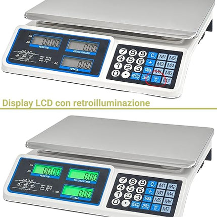 Bilancia Elettronica Professionale da Banco per Alimenti - Bilancia Digitale con 7 Tasti di Memoria e Piatto in Acciaio Inox e Schermo LCD con Prezzo