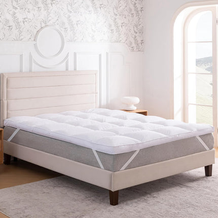 Topper matrimoniale bianco con elastici coprimaterasso comfort e traspirabile anti acaro imbottitura in fibra innovativa