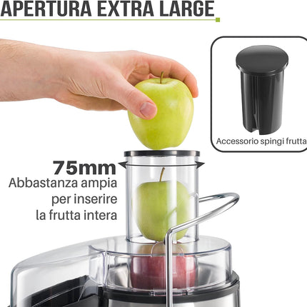 Centrifuga Frutta e Verdura Professionale - Centrifugatore Estrattore, Grande Potenza e 2 velocità - Centrifughe Estratti e Succhi Rigeneranti Apertura Larga 75mm, Base Anti-Scivolo