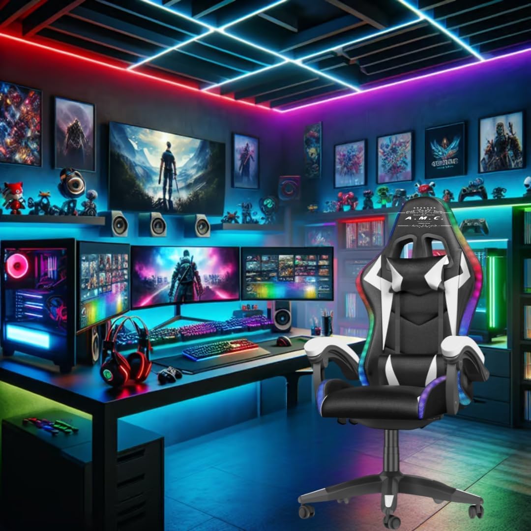 Sedia Gaming RGB con Luci LED E Sedia Ergonomica Poltrona Ufficio girevole, con rotelle, poggiatesta e cuscino lombare, Portata: 125kg con Schienale Alto in Pelle