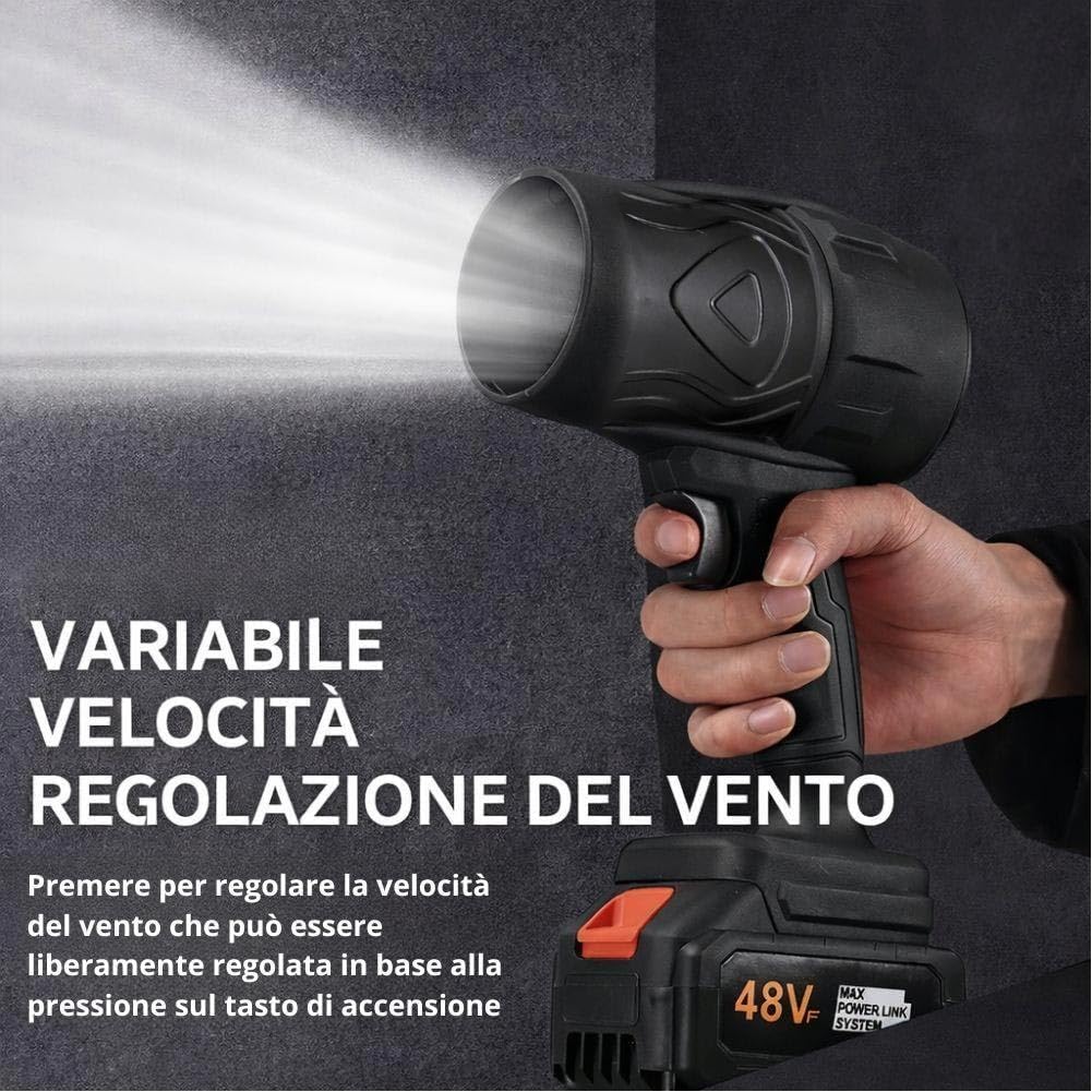 Soffiatore a Batteria 48V con 2 Batterie Incluse e Valigetta, Soffiatore Foglie 2 in 1 Compatto e Portatile, Alta Potenza 1050W, Ideale per Giardino, Auto e Garage