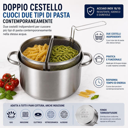 Spaghettiere Doppio Cestello, Made in Italy, Acciaio inox 18/10. Triplo fondo. Induzione+Gas. PFAS free. Cuoce 2 tipi di pasta contemporaneamente