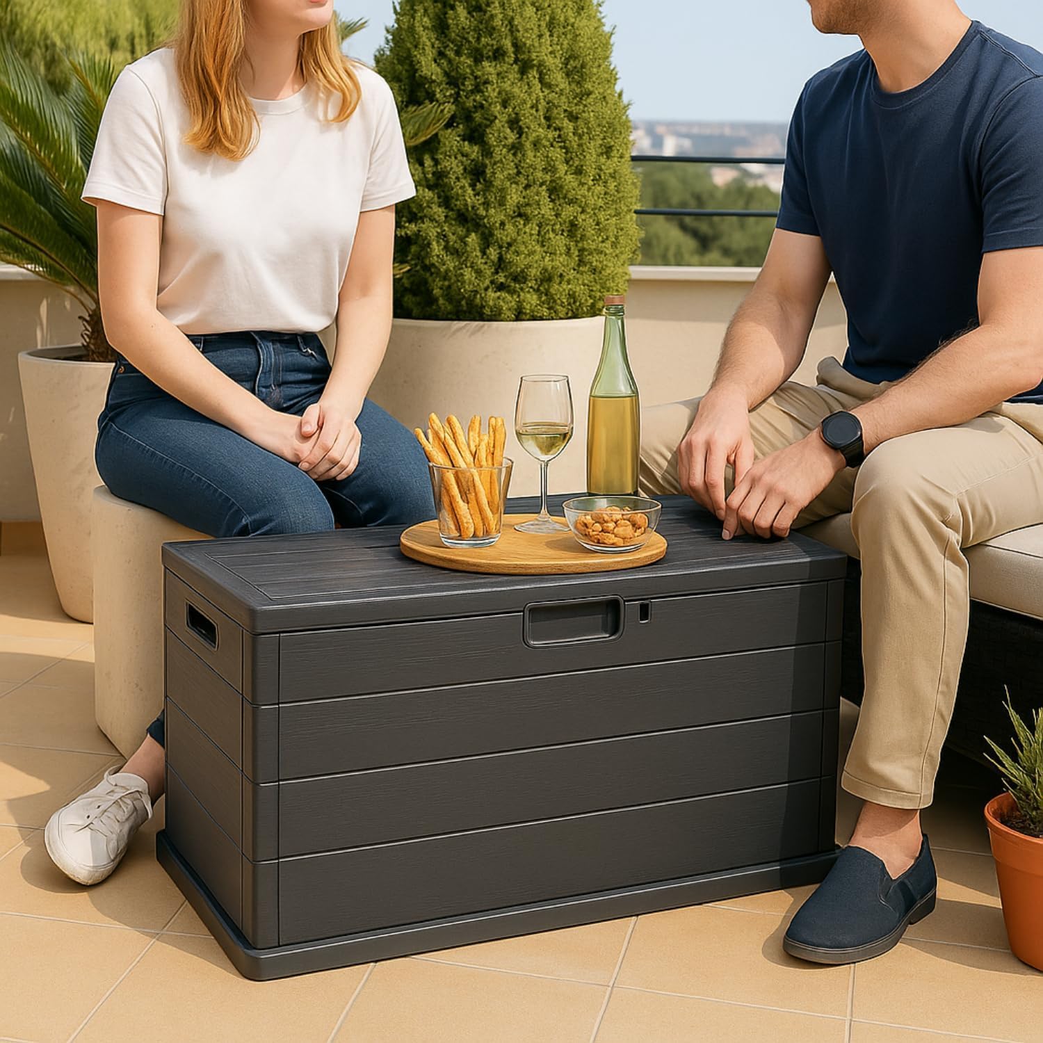 Baule da Giardino 170/340L in Resina Effetto Legno Cassapanca Contenitore Esterno Impermeabile con Coperchio e Maniglie Box Porta Cuscini, Attrezzi e Giochi da Esterno Antracite