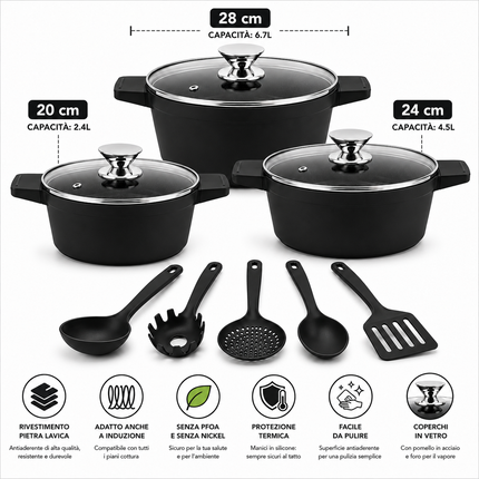 Set Casseruole 11 Pezzi in Alluminio Pressofuso con Rivestimento Effetto Pietra Lavica Antiaderente – 3 Pentole con Coperchi in Vetro (20/24/28 cm) + 5 Utensili da Cucina – Adatte a Induzione
